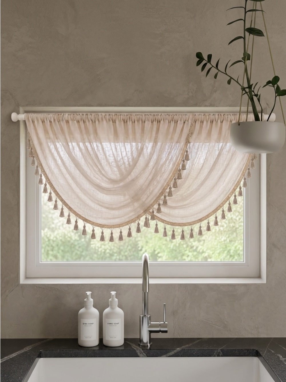 Central Park Linen Texture Waterfall Valance Window Curtains 56”x38” 2 Piece Set
